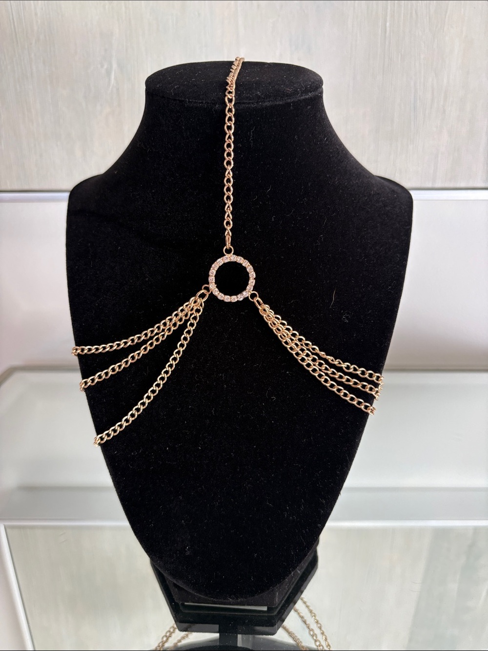 Halo Head Piece Gold Layered Chain Body Harness with Crystal Circle